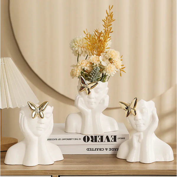 Vaso Decorativo Busto Modernista com Borboleta Metálica
