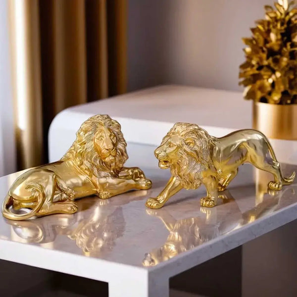 Leão Decorativo Resina Dourado Luxo Premium